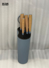 7-PIECE STAINLESS STEEL KNIFE SET – ERGONOMIC WOOD HANDLES + STAND - GREY